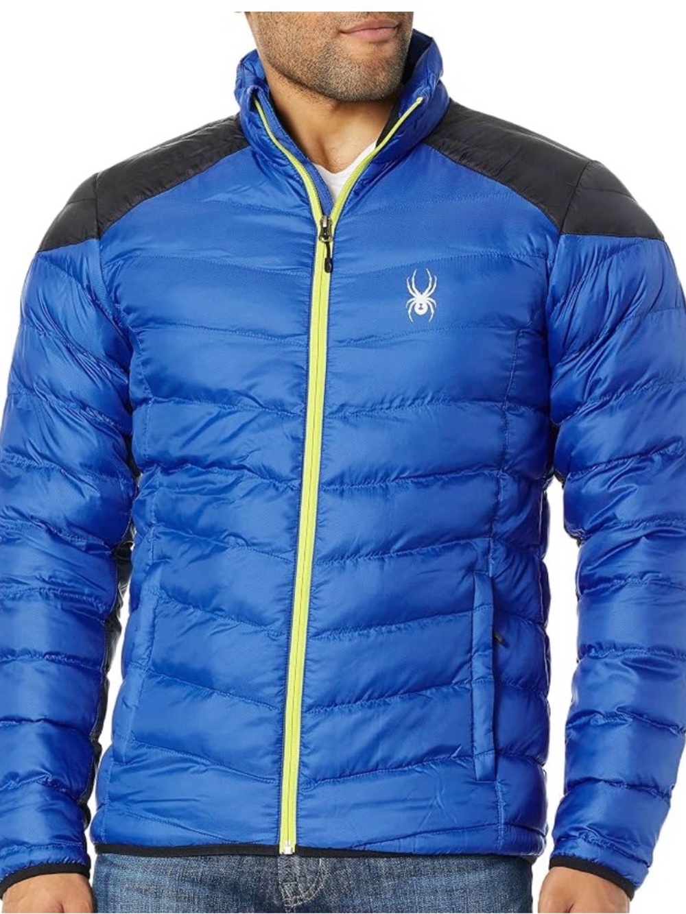 Spyder Royal Blue Puffer Jacket with Black Panels and Yellow Zipper